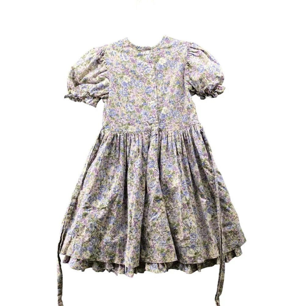 Vintage Girls 6X Floral Dress Puff Sleeve Purple A-Line‎ Prairie Cottagecore 80s